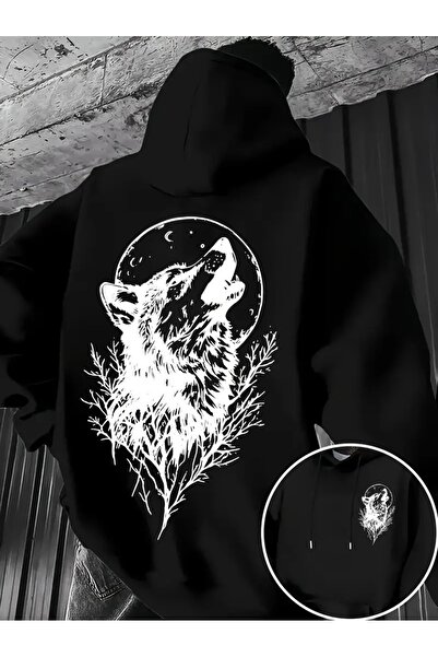 NEVERMIND Hanorac unisex supradimensionat Wolf cu imprimeu negru – îmbrăcămin...