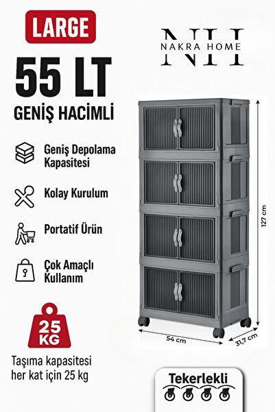 NAKRA HOME Katlanabilir 4 Katlı Tekerlekli Plastik Dolap – Çok Amaçlı Portati...