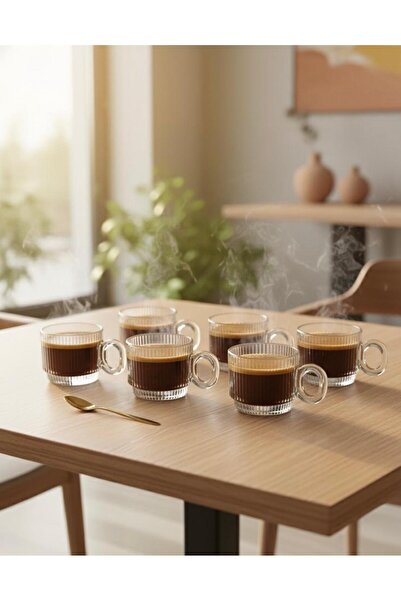 L'Opaline 6’lı Mini Cam Fincan Seti Şeffaf Kulplu Kahve Espresso Türk Kahvesi Sunum Bardağı Takımı