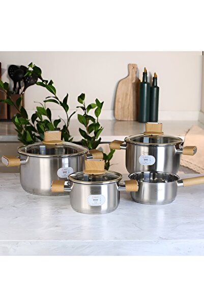 Ken Stainless Steel Cookware Set with Wood‑Look Handles, 7 Pieces, Silver