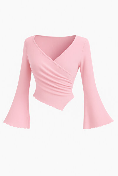 Wild Flower Pembe Drapeli V Yaka İspanyol Kol Asimetrik Kesim Bluz Şık Üst