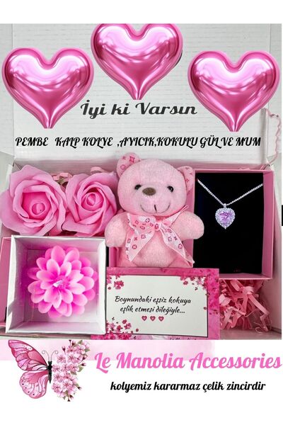 Le Manolia Accessories KARARMAZ pembe çelik kolye ,ayıcık anahtarlık,2 adet k...