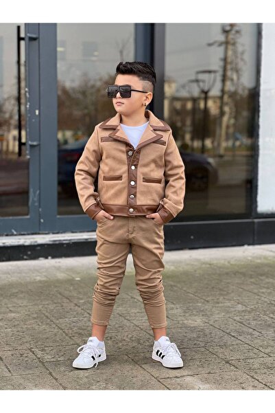 KINGDOM KIDS Erkek Çocuk Kışlık 3’lü Takım (Süet Ceket + Baskılı Tişört + Keten Pantolon)