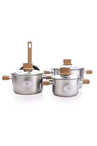 Ken Stainless Steel Cookware Set with Wood‑Look Handles, 7 Pieces, Silver