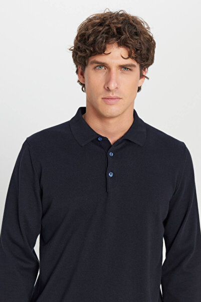 ALTINYILDIZ CLASSICS Men's Navy Blue Cotton Standard Fit Regular Cut Polo Neck Knitwear Sweater