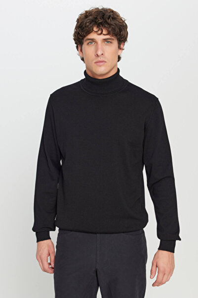 ALTINYILDIZ CLASSICS Ανδρικό πουλόβερ από μαύρο βαμβάκι, κανονική εφαρμογή, κανονική εφαρμογή, πλεκτό πουλόβερ με ολόκληρο ζιβάγκο