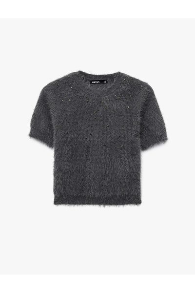 Koton Kısa Kollu Bisiklet Yaka Taşlı Peluş Triko Kazak