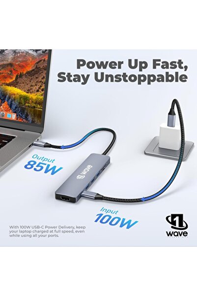 Other 1st Wave 7-in-1 USB-C Hub — USB 3.0 5Gbps, 100W PD, HDMI 4K@60Hz, SD/TF Card Reader — Gray