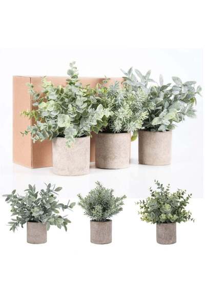 Saharaz مجموعة من 3 نباتات صناعية مزروعة في أصص، نباتات أوكالبتوس بلاستيكية مزيفة صغيرة مزروعة في أصص لديكور المنزل والمكتب