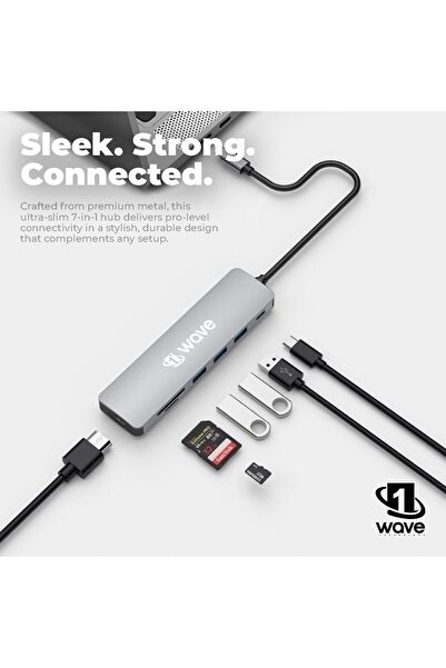 Other 1st Wave 7-in-1 USB-C Hub — USB 3.0 5Gbps, 100W PD, HDMI 4K@60Hz, SD/TF Card Reader — Gray