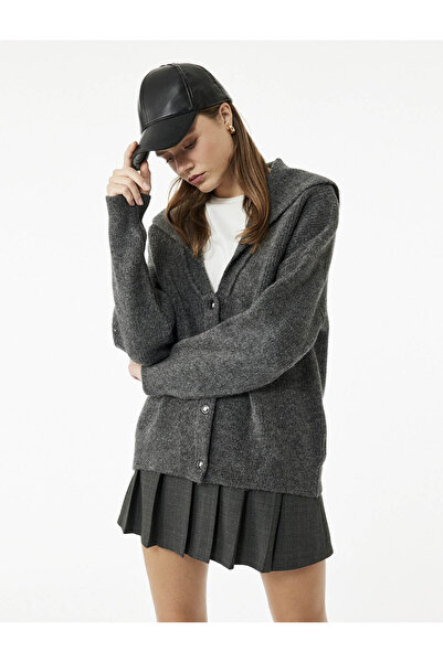 Koton Turn-Down Collar Knitwear Anthracite Women's Cardigan 6Wal90055Ht