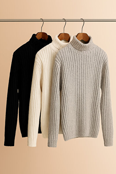 OTAKU Erkek 3 lü Paket Triko Fitilli Boğazlı Kazak