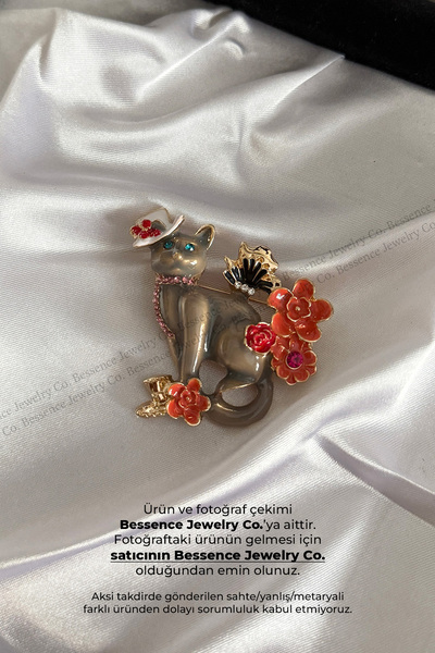 Bessence Jewelry Co Elegant Cat Floral Şapkalı Kedi Model Broş
