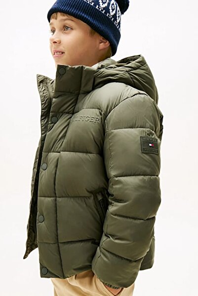 Tommy Hilfiger Erkek Çocuk Kabartma Yazı Logolu Kapüşonlu Şişme Mont - Haki