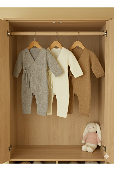 Nimini Kids Long Sleeve Knitwear Unisex Soft Baby Romper (Size 3-9) with Rope Detail (Without Booties)