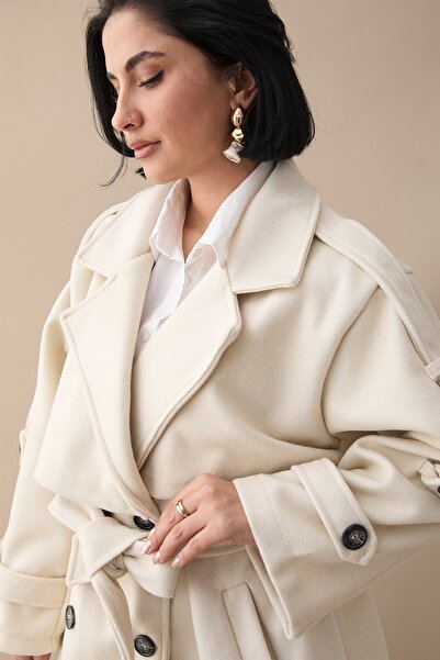 InStyle Oversize Kaşe Kumaş Ekru Kısa Kaban