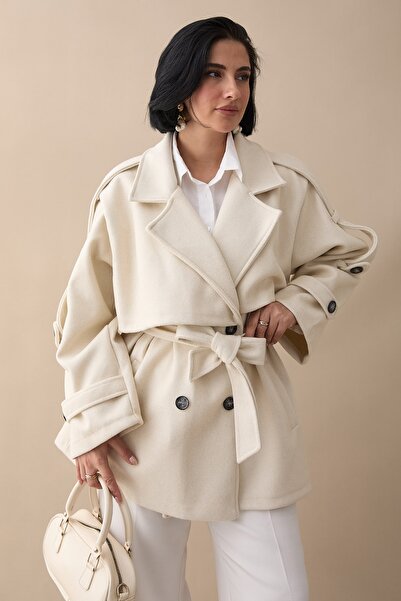 InStyle Oversize Kaşe Kumaş Ekru Kısa Kaban