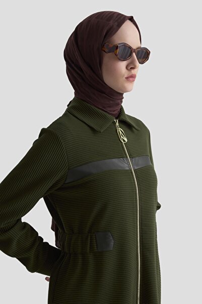 Armine TREND Leather Detailed Corded Fabric Pants Double Suit Khaki 25Kt649