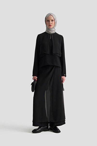 Armine TREND Brooch Detailed Chiffon Paneled Chiffon Piece Double Suit with Trousers Black 25Kt675