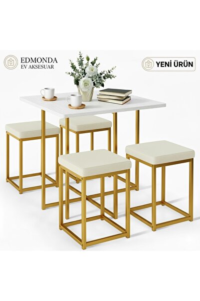 EDMONDA EV AKSESUAR CEMRE 90*90 GOLD METAL YEMEK MASASI TAKIMI 4 KİŞİLİK BALKON MASASI TAKIMI MUTFAK MASASI