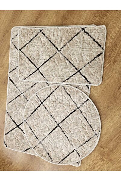 AKSU Meri̇nos Austi̇ 3-Piece Decorative Modern Non-Slip Base Soft Washable Mat (100X60)(40X60)(60X60)