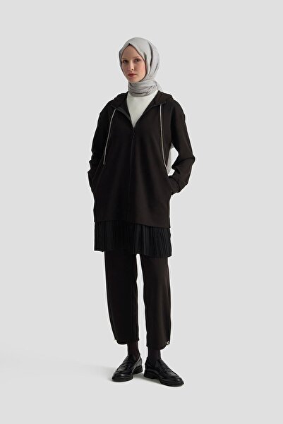 Armine TREND Skirt Hem Chiffon Pleated Stone Lace-Up Hooded Crepe Trousers Double Suit Black 25Kt