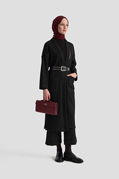 Armine TREND Ornamental Zipper Detailed Glittery Corded Fabric Cardigan Black 25Kt532