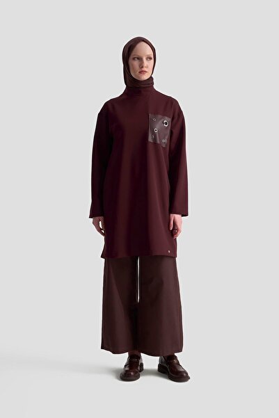 Armine TREND Leather and Eyelet Detailed Tunic Burgundy 25Kt438