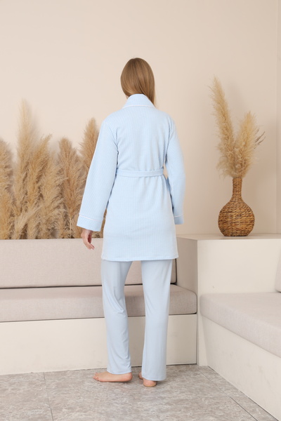 Miss Dünya Lissa Aria Çizgili Sabahlıklı Emzirmeye Uygun Hamile ve Lohusa Pijama Takımı