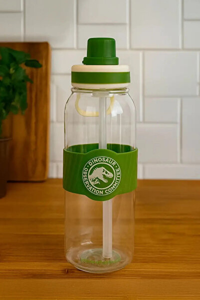 Miniso Jurassic World Saplı ve Pipetli Plastik Şişe 1000 mL (Yeşil)