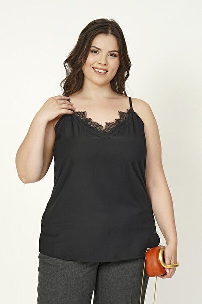 Büyük Moda Strapped Satin Textured Lace Blouse