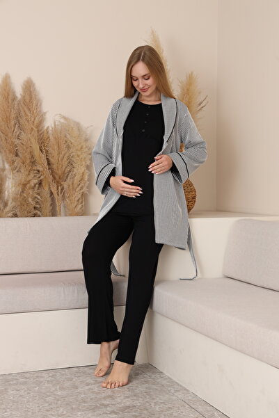 Miss Dünya Lissa Aria Çizgili Sabahlıklı Emzirmeye Uygun Hamile ve Lohusa Pijama Takımı