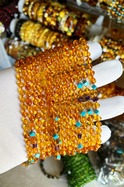 İpek Kehribar Round Caramel Original Drop Amber Baby Girl & Child Necklace – Turquoise Amethyst Stone Silk-344