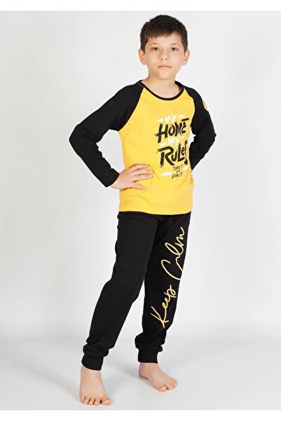 Fendimod Boy's Yellow-Navy Blue Pajama Set Printed Written