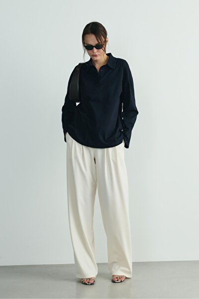 Suud Collection Navy Blue Polo Neck Oversized T-Shirt