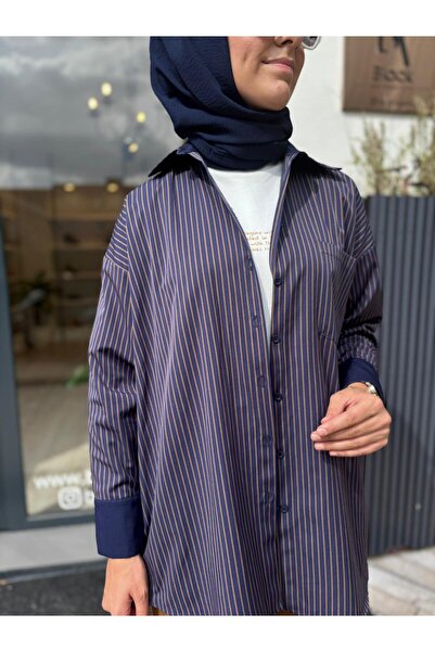 QOOQ STORE 26FW206 Çizgili Kadın Gömlek Mavi