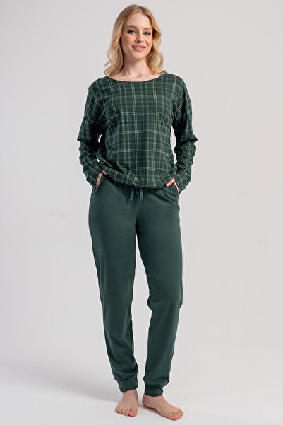 VİENETTA Kadın Haki Ekose Desenli Uzun Kollu Lastikli Paça Pamuklu Pijama Takımı C0T2N1305
