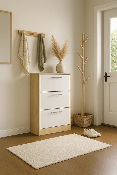 Arezzo Pantofar with three drawers, white oak and white, 63x24x117 cm