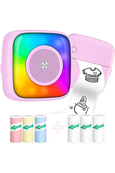 Supreouts طابعة ملصقات صغيرة مع 6 لفات ورق، و7 أوضاع إضاءة ملونة، وبلوتوث (وردي)