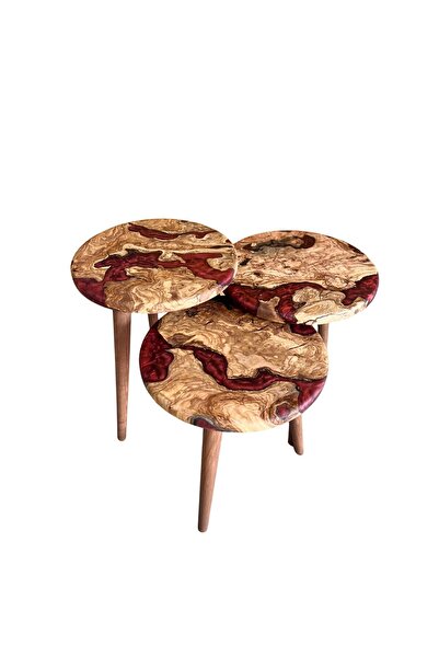 GökçesanSehpa EPOKSİ ZİGON SEHPA KIRMIZI DOĞAL AHŞAP BOHEM