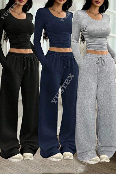 yx yustex sport Şardonlu Kışlık Kadın 3 Adet Siyah + Gri+Lacivert Eşofman Alt...