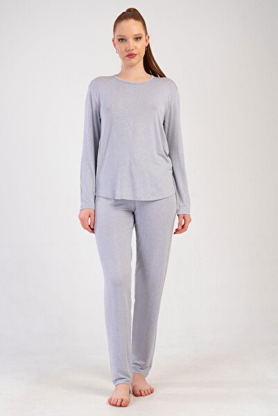 VİENETTA Set de pijamale pentru femei, culoare gri, cu mâneci lungi, guler rotund C5T2N0205