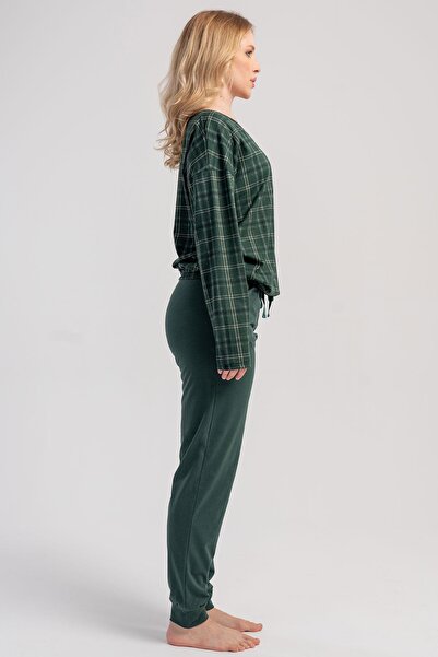 VİENETTA Kadın Haki Ekose Desenli Uzun Kollu Lastikli Paça Pamuklu Pijama Takımı C0T2N1305