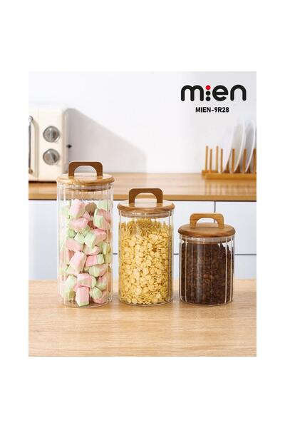 MİEN Set of 3 Borosilicate Glass Jars with Acacia Lids – Striped Pattern – 16...