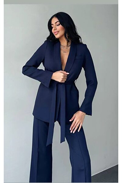 MYGİYİMİSTANBUL Tie-Up Blazer Jacket Wide Leg Trousers Set