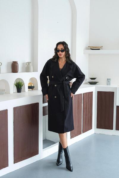 My Loore Astarlı kemer Detaylı Siyah Rengi Trenç Kaban MLB079