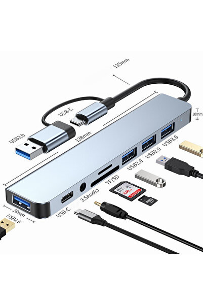 NITOPLAY Hub USB 8 în 2, USB 3.0 / USB-C, 4 porturi USB, TF, SD, Jack 3.5, Tip C, LED, Gri