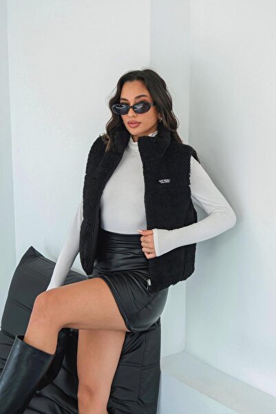 My Loore Vestă neagră pentru femei, cu două fețe, cu buzunare, cu guler înalt...