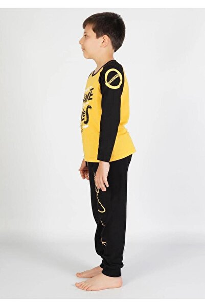 Fendimod Boy's Yellow-Navy Blue Pajama Set Printed Written