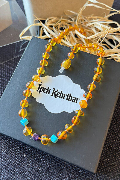 İpek Kehribar Round Caramel Original Drop Amber Baby Girl & Child Necklace – Turquoise Amethyst Stone Silk-344